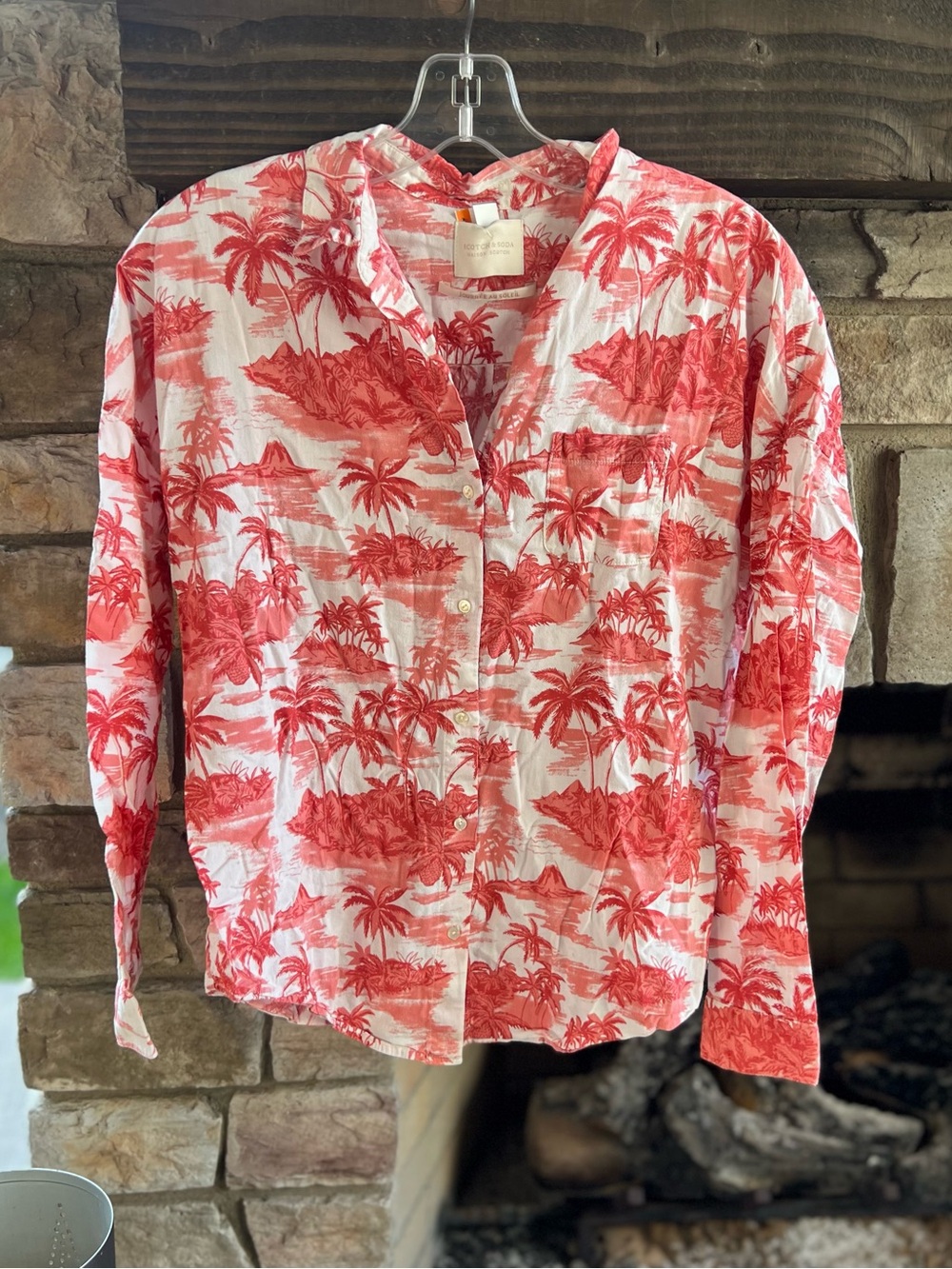 Scotch and Soda Coral Tropical Print Button-Up Shirt M